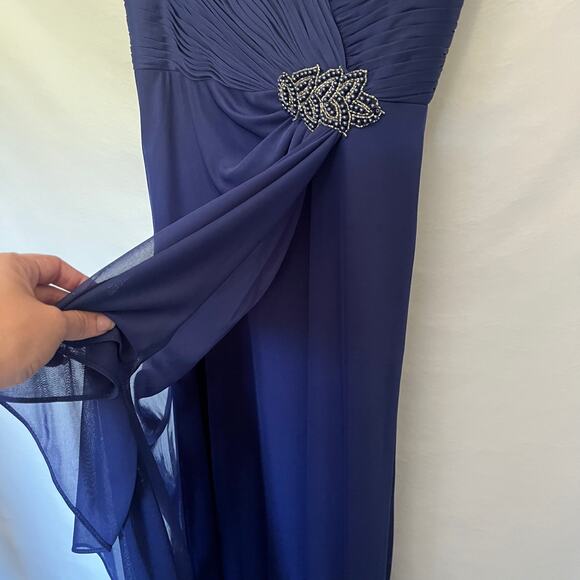 ALEX EVENINGS Off Shoulder Full Length Dress Sz 10 Navy Bling Ruching Dark Fairy - Picture 4 of 15